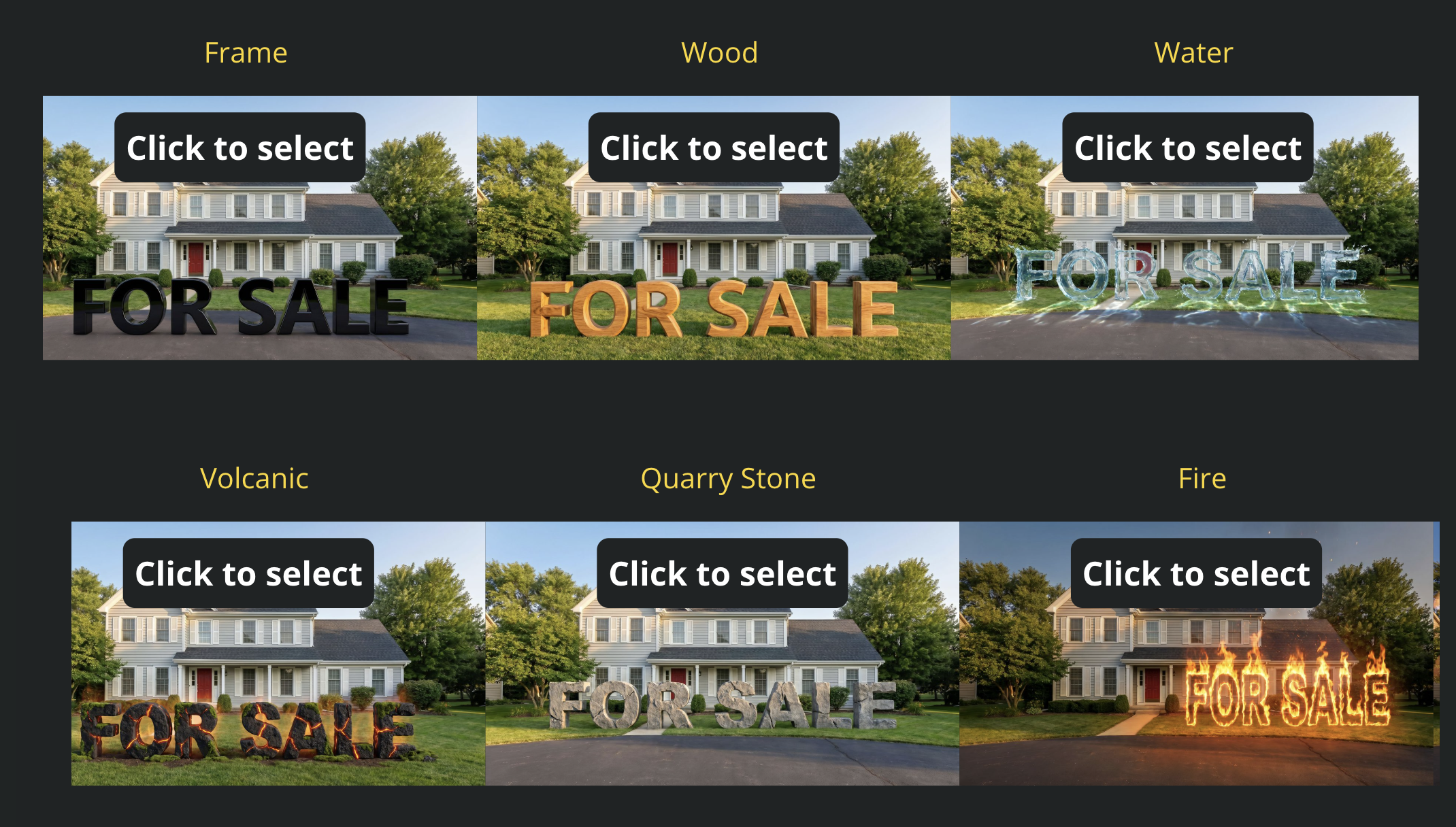 VideoTour.ai screen for choosing a listing message and 3D text style