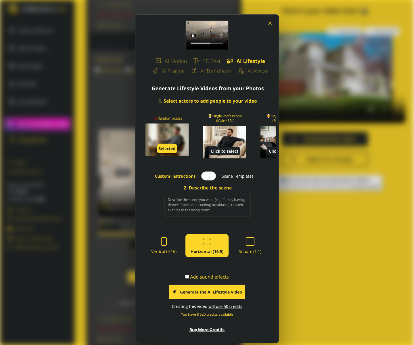 VideoTour.ai lifestyle actor and activity selection screen