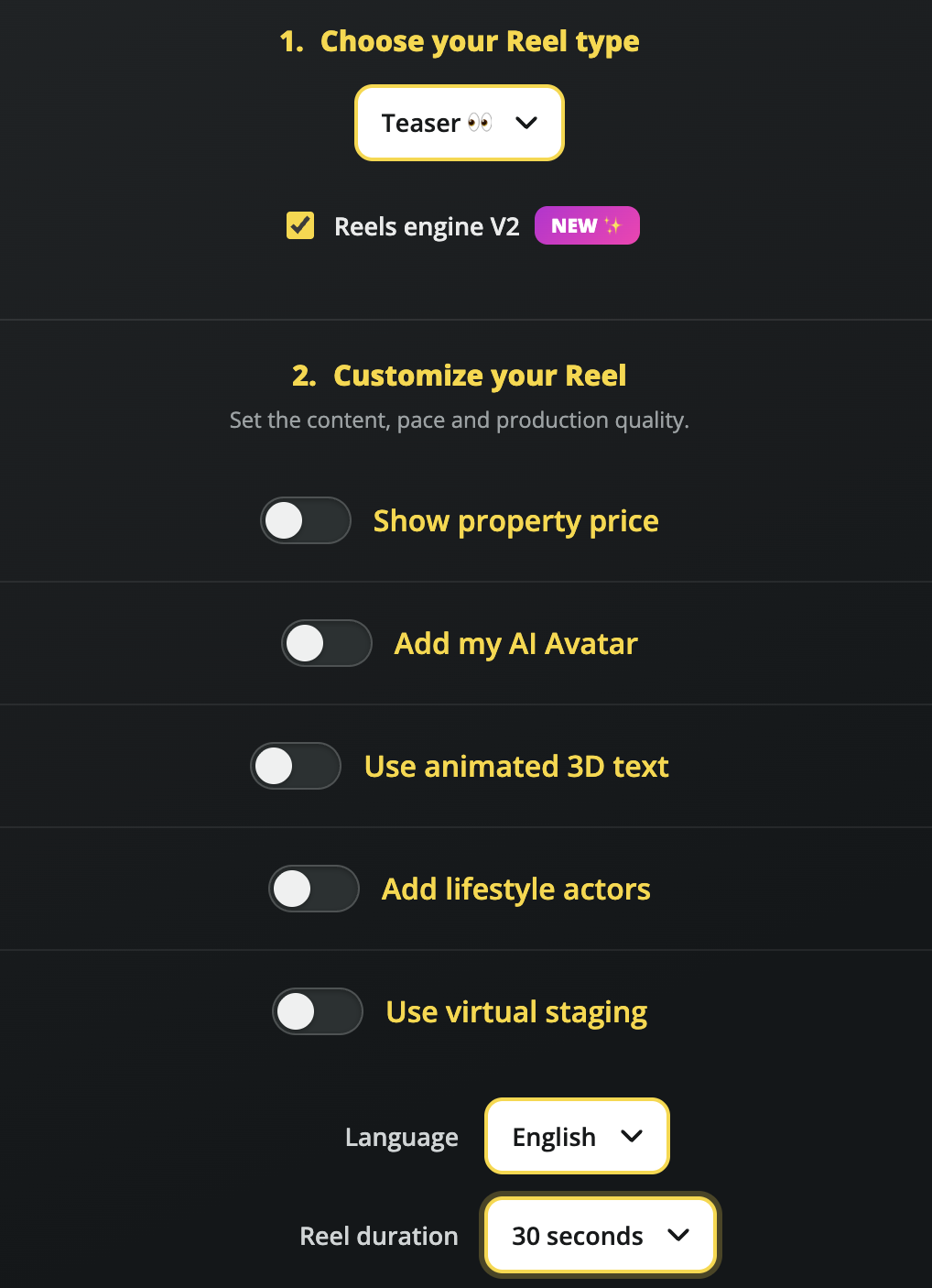 VideoTour.ai Reel V2 campaign chooser with eight listing moments