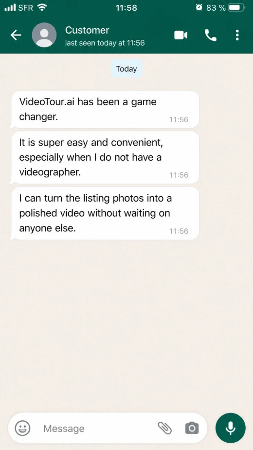 Localized WhatsApp-style customer feedback about creating listing videos quickly